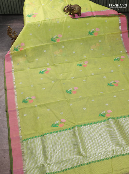 Pure zari kota silk saree pista green and pink with allover silver & thread woven buttas and zari woven simple border