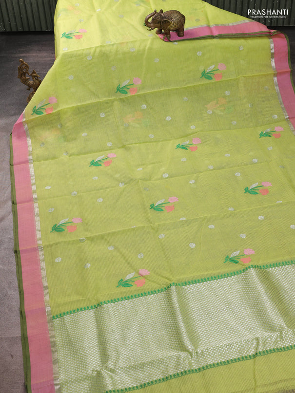 Pure zari kota silk saree pista green and pink with allover silver & thread woven buttas and zari woven simple border