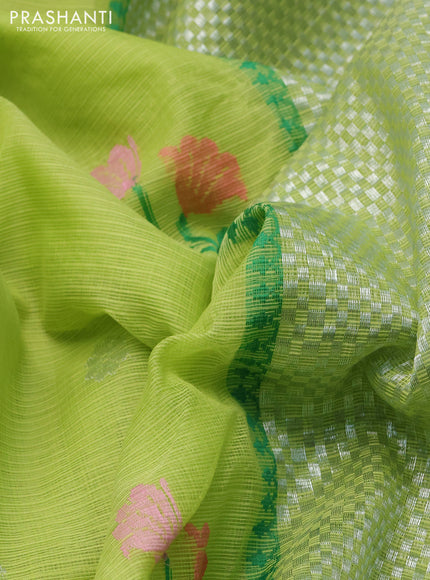 Pure zari kota silk saree pista green and pink with allover silver & thread woven buttas and zari woven simple border