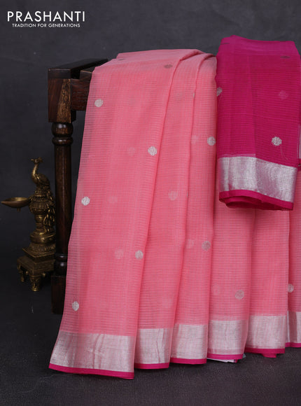 Pure zari kota silk saree peach pink and dark pink with allover silver & zari woven buttas and zari woven border