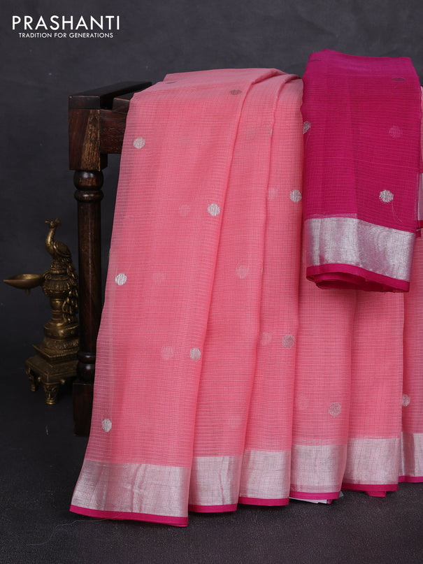 Pure zari kota silk saree peach pink and dark pink with allover silver & zari woven buttas and zari woven border