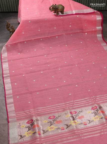 Pure zari kota silk saree peach pink and dark pink with allover silver & zari woven buttas and zari woven border