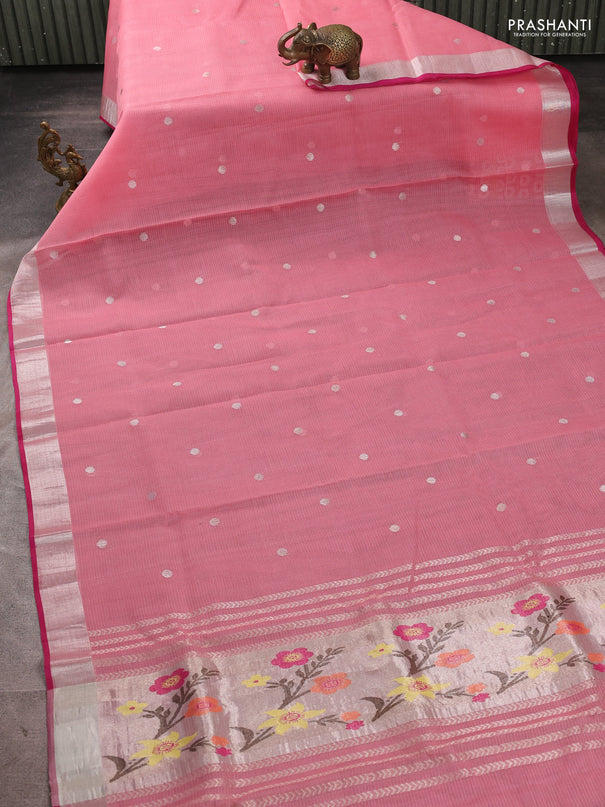 Pure zari kota silk saree peach pink and dark pink with allover silver & zari woven buttas and zari woven border