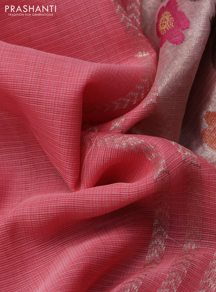 Pure zari kota silk saree peach pink and dark pink with allover silver & zari woven buttas and zari woven border