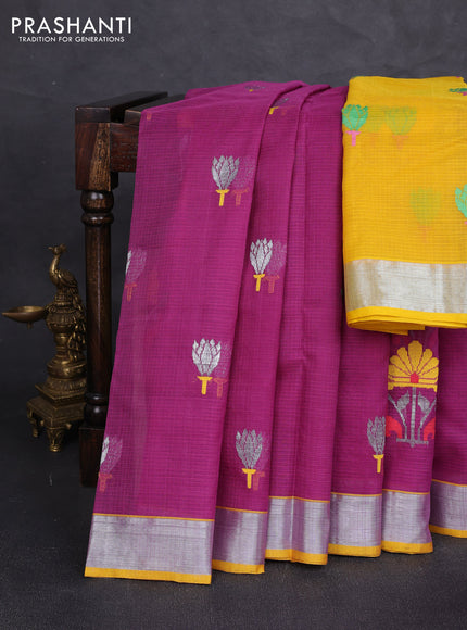 Pure zari kota silk saree purple and yellow with allover silver & thread woven buttas and zari woven border
