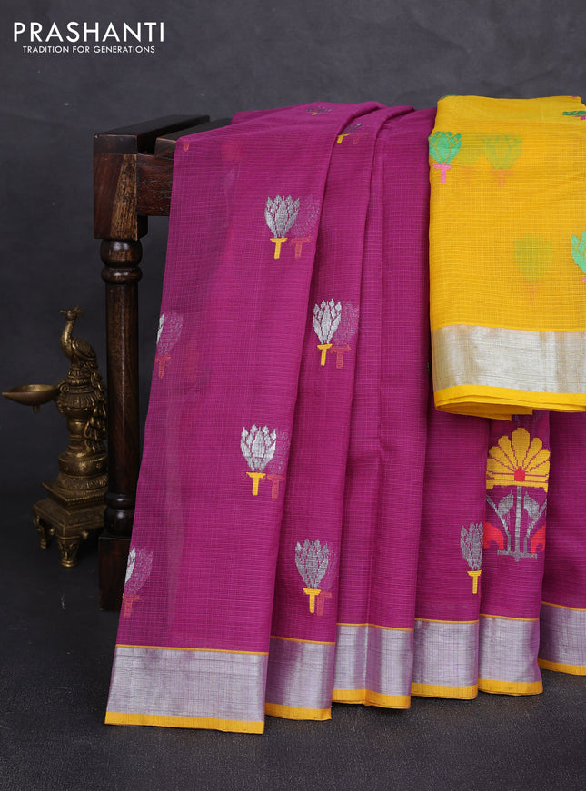 Pure zari kota silk saree purple and yellow with allover silver & thread woven buttas and zari woven border