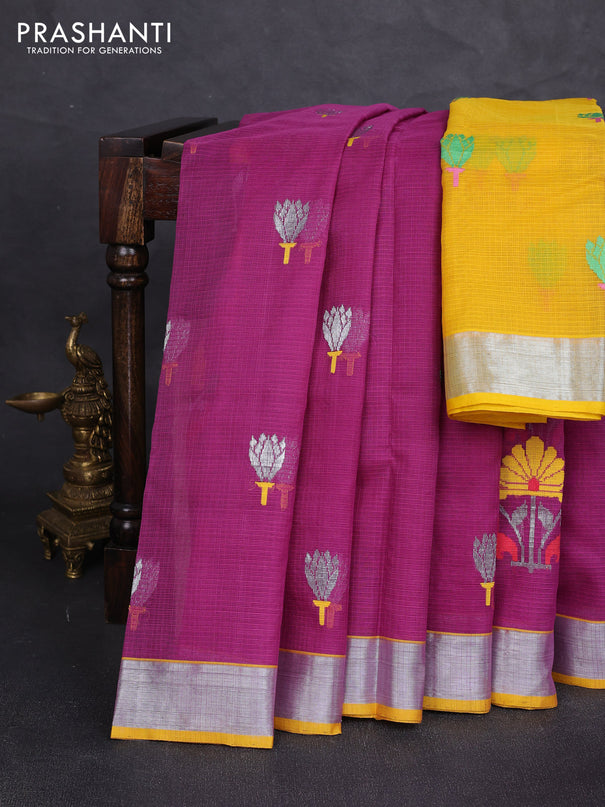 Pure zari kota silk saree purple and yellow with allover silver & thread woven buttas and zari woven border