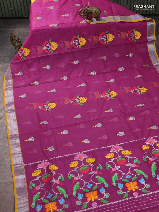 Pure zari kota silk saree purple and yellow with allover silver & thread woven buttas and zari woven border