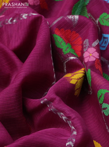 Pure zari kota silk saree purple and yellow with allover silver & thread woven buttas and zari woven border