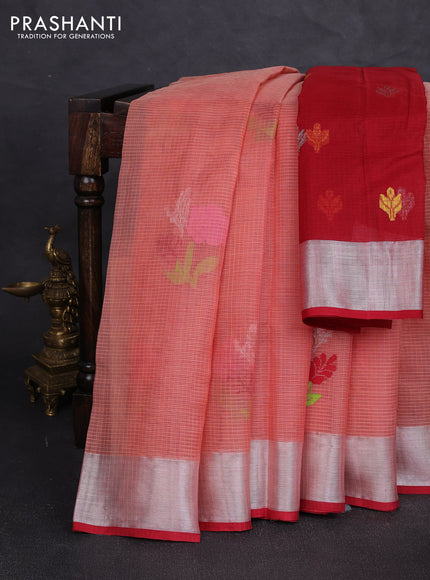 Pure zari kota silk saree red and maroon with thread & silver zari woven buttas and zari woven border