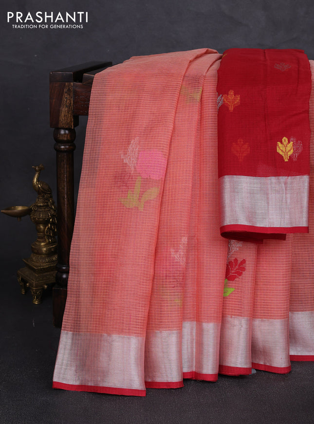 Pure zari kota silk saree red and maroon with thread & silver zari woven buttas and zari woven border