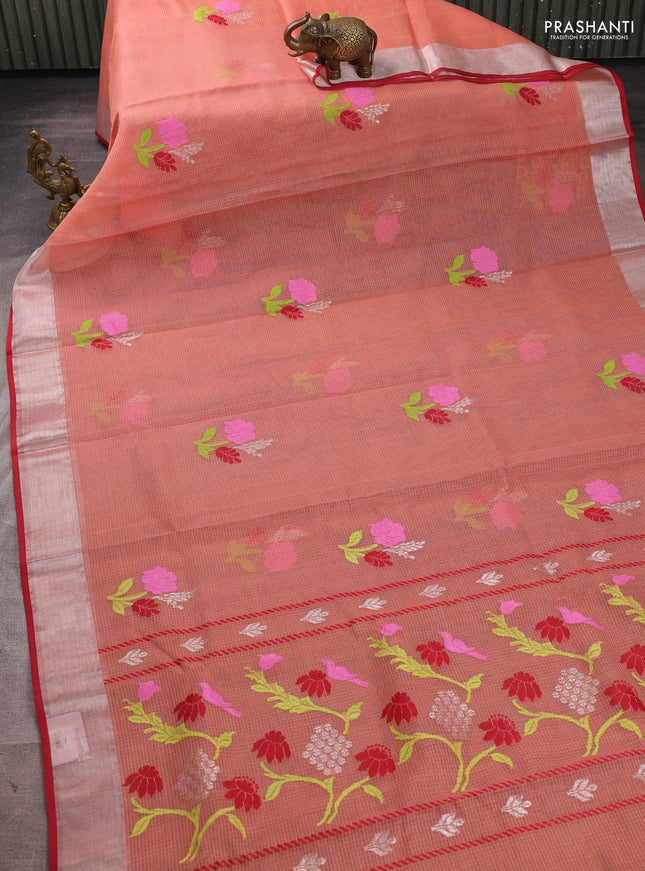 Pure zari kota silk saree red and maroon with thread & silver zari woven buttas and zari woven border