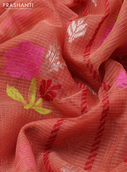 Pure zari kota silk saree red and maroon with thread & silver zari woven buttas and zari woven border