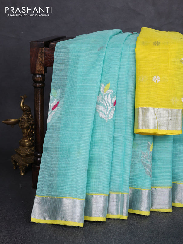 Pure zari kota silk saree teal green and lime yellow with zari woven buttas and zari woven border