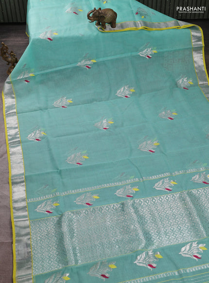 Pure zari kota silk saree teal green and lime yellow with zari woven buttas and zari woven border
