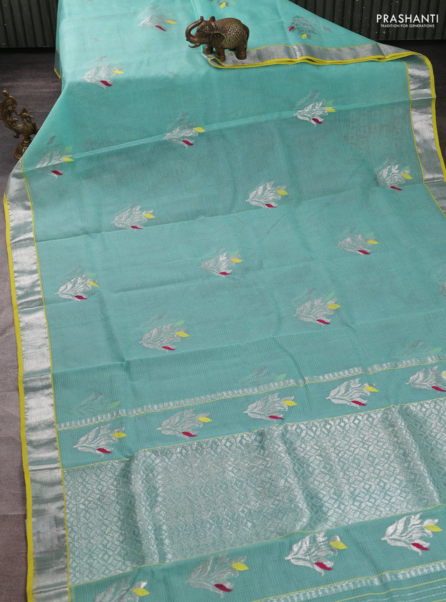 Pure zari kota silk saree teal green and lime yellow with zari woven buttas and zari woven border