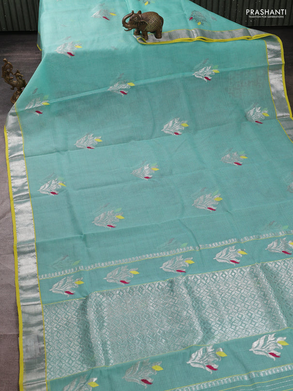 Pure zari kota silk saree teal green and lime yellow with zari woven buttas and zari woven border