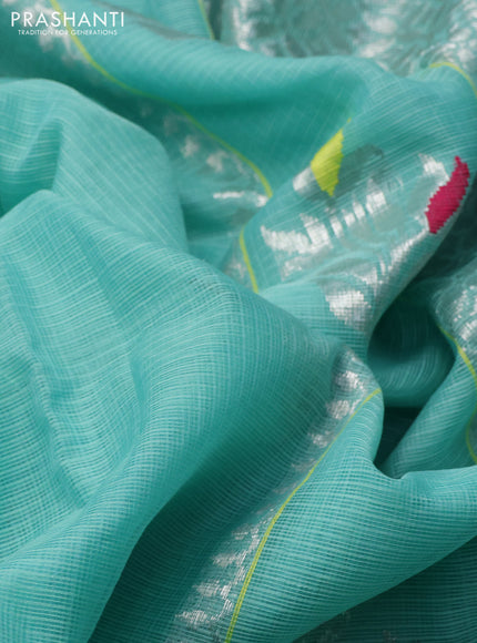 Pure zari kota silk saree teal green and lime yellow with zari woven buttas and zari woven border