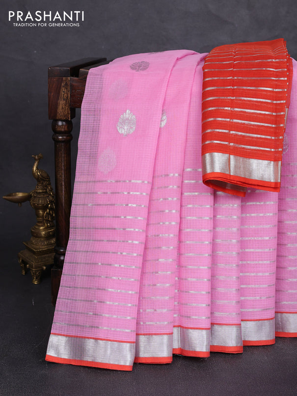 Pure zari kota silk saree pink and orange with silver zari woven buttas and long silver zari woven border