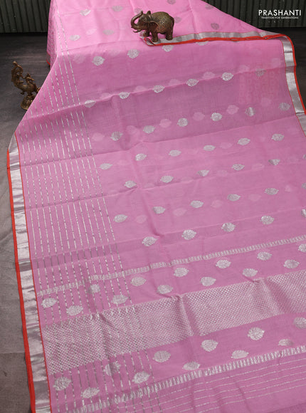 Pure zari kota silk saree pink and orange with silver zari woven buttas and long silver zari woven border