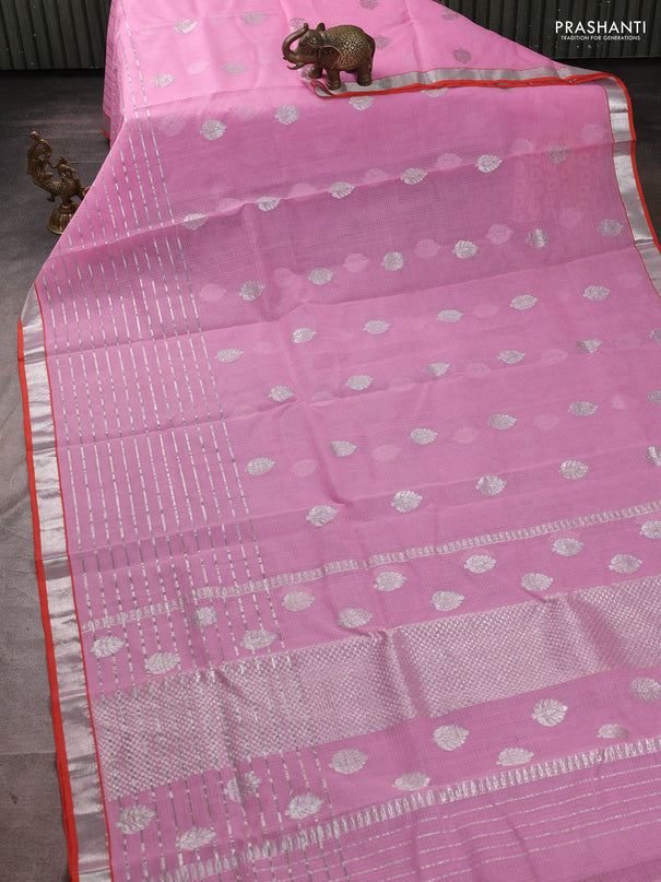 Pure zari kota silk saree pink and orange with silver zari woven buttas and long silver zari woven border