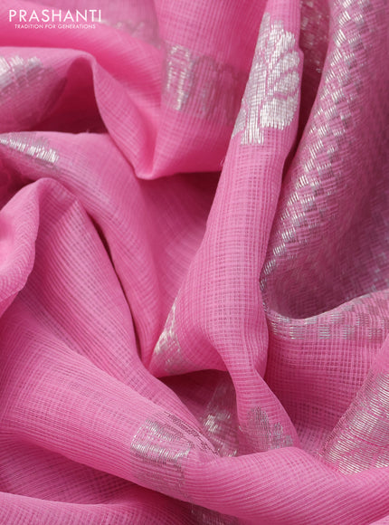 Pure zari kota silk saree pink and orange with silver zari woven buttas and long silver zari woven border