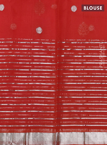 Pure zari kota silk saree pink and orange with silver zari woven buttas and long silver zari woven border