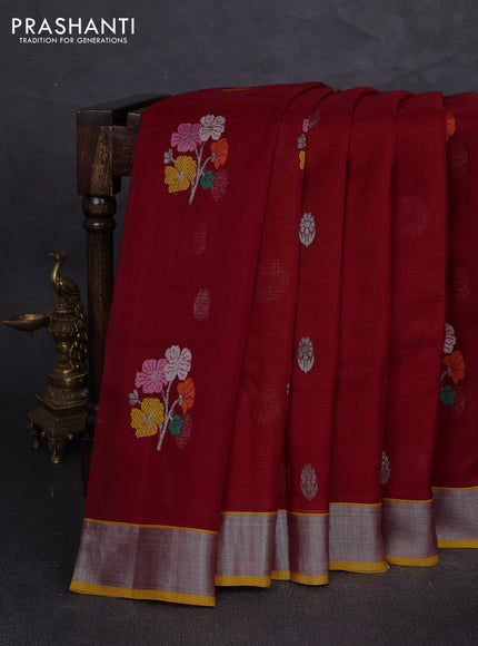 Pure zari kota silk saree red and mustard yellow with allover thread & zari buttas and silver zari woven border