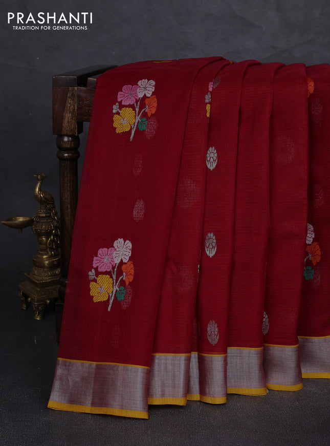 Pure zari kota silk saree red and mustard yellow with allover thread & zari buttas and silver zari woven border