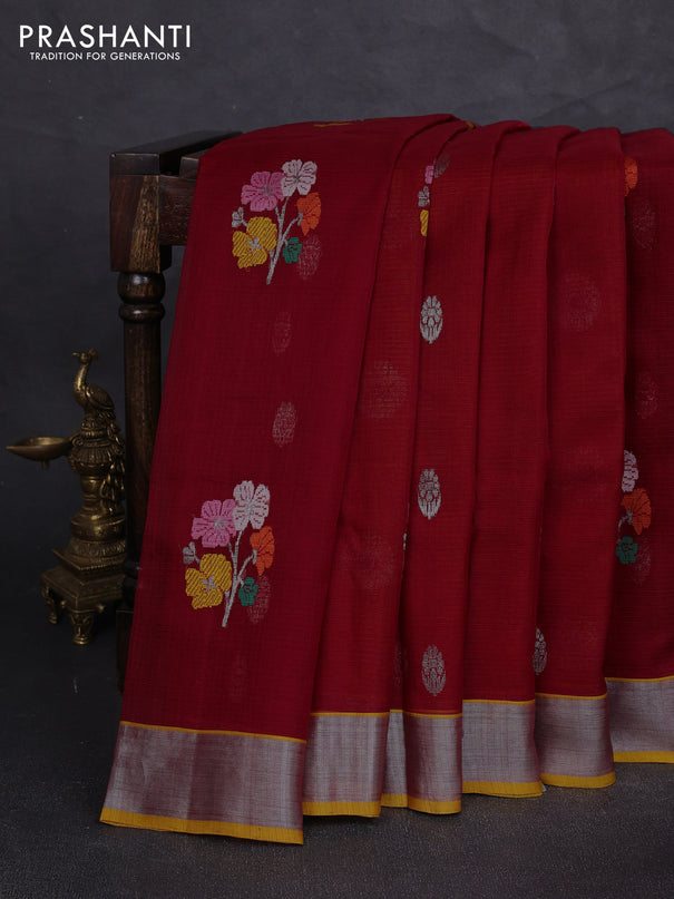 Pure zari kota silk saree red and mustard yellow with allover thread & zari buttas and silver zari woven border