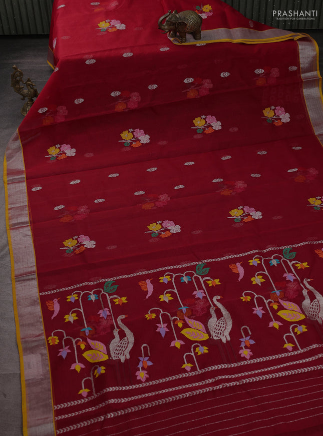 Pure zari kota silk saree red and mustard yellow with allover thread & zari buttas and silver zari woven border