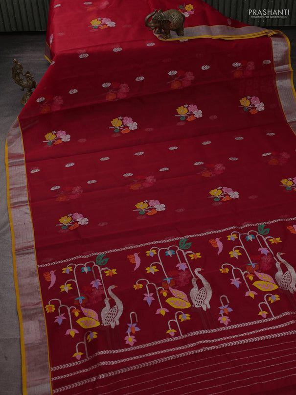 Pure zari kota silk saree red and mustard yellow with allover thread & zari buttas and silver zari woven border
