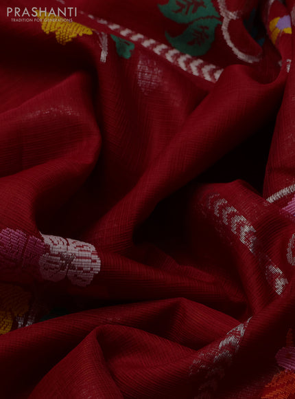 Pure zari kota silk saree red and mustard yellow with allover thread & zari buttas and silver zari woven border