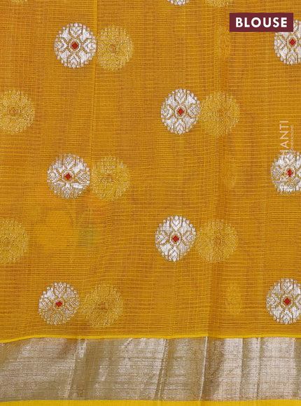 Pure zari kota silk saree red and mustard yellow with allover thread & zari buttas and silver zari woven border