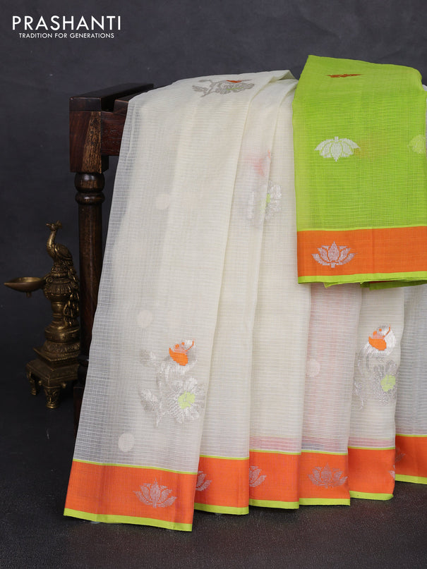 Pure zari kota silk saree pista green and orange with allover thread & silver zari woven buttas and rettapet silver zari woven buttas