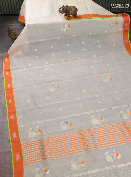 Pure zari kota silk saree pista green and orange with allover thread & silver zari woven buttas and rettapet silver zari woven buttas