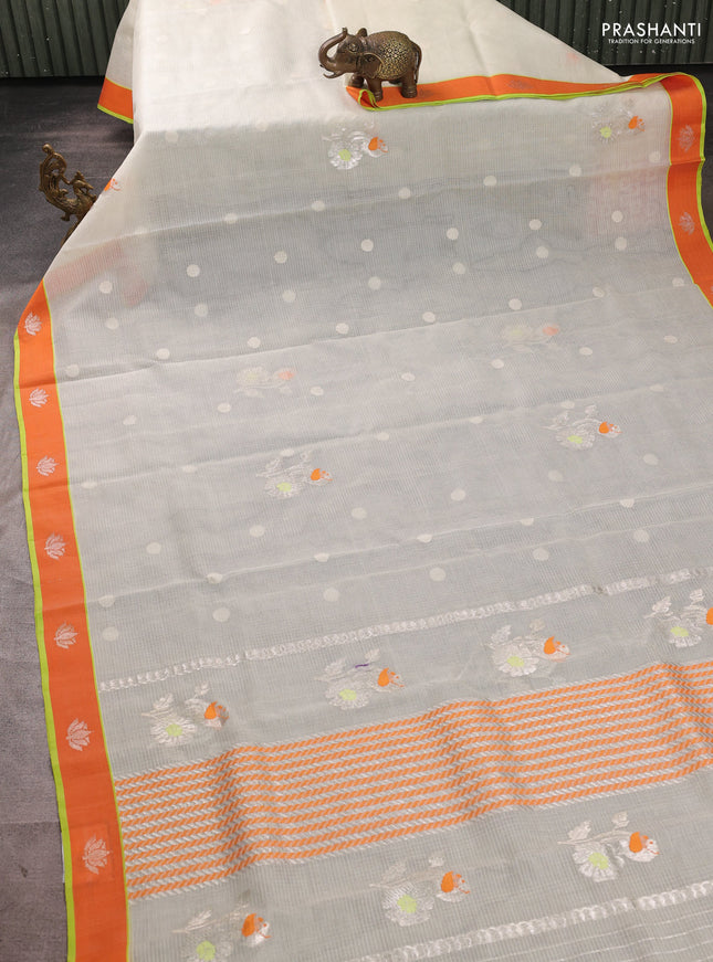 Pure zari kota silk saree pista green and orange with allover thread & silver zari woven buttas and rettapet silver zari woven buttas