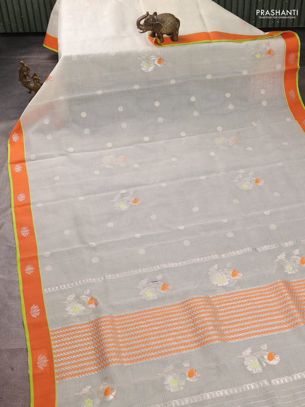 Pure zari kota silk saree pista green and orange with allover thread & silver zari woven buttas and rettapet silver zari woven buttas
