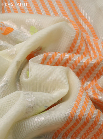 Pure zari kota silk saree pista green and orange with allover thread & silver zari woven buttas and rettapet silver zari woven buttas