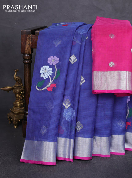 Pure zari kota silk saree blue and pink with allover thread & silver zari woven buttas and zari woven border