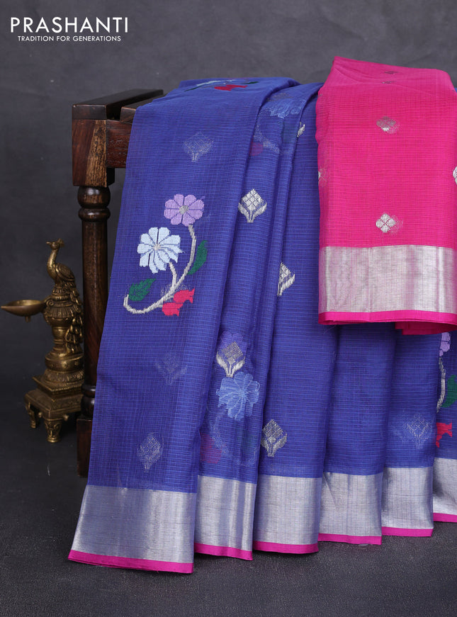 Pure zari kota silk saree blue and pink with allover thread & silver zari woven buttas and zari woven border