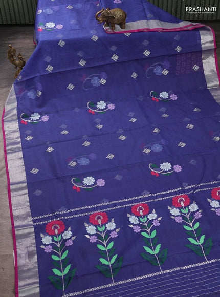 Pure zari kota silk saree blue and pink with allover thread & silver zari woven buttas and zari woven border