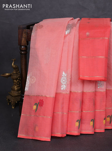 Pure zari kota silk saree peach orange with allover silver & zari woven buttas and long thread & zari woven border