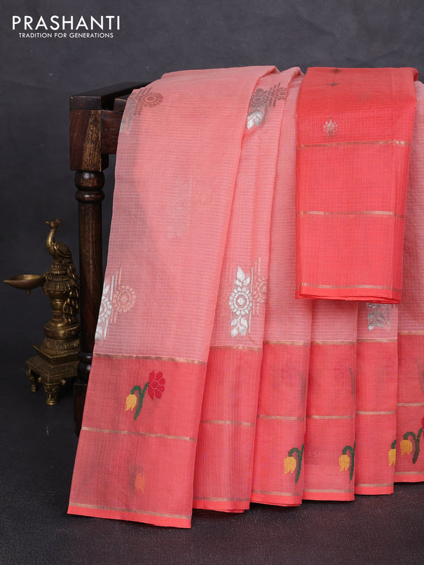 Pure zari kota silk saree peach orange with allover silver & zari woven buttas and long thread & zari woven border