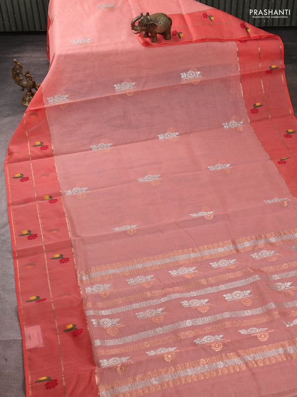 Pure zari kota silk saree peach orange with allover silver & zari woven buttas and long thread & zari woven border