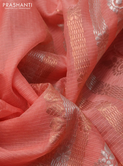 Pure zari kota silk saree peach orange with allover silver & zari woven buttas and long thread & zari woven border