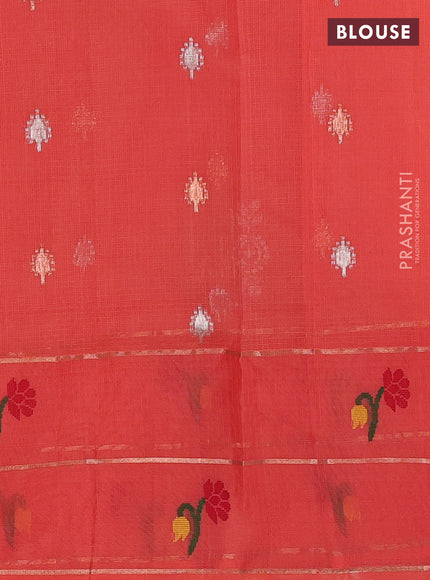 Pure zari kota silk saree peach orange with allover silver & zari woven buttas and long thread & zari woven border