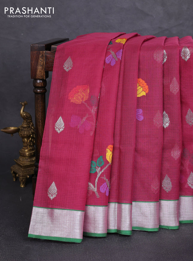 Pure zari kota silk saree wine shade and green with allover silver zari weaves & thread woven buttas and zari woven border