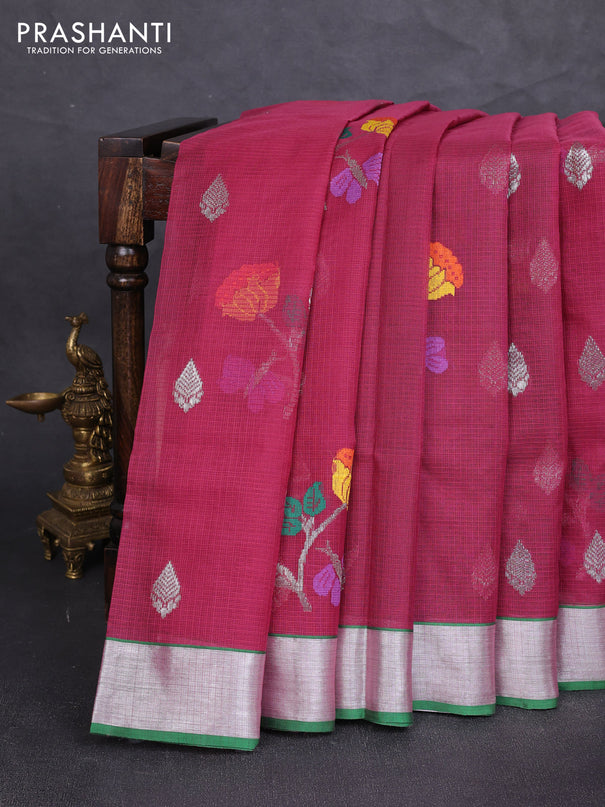 Pure zari kota silk saree wine shade and green with allover silver zari weaves & thread woven buttas and zari woven border