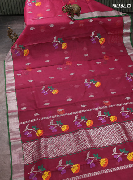 Pure zari kota silk saree wine shade and green with allover silver zari weaves & thread woven buttas and zari woven border